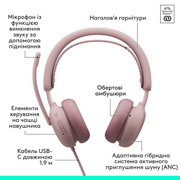 Гарнітура Logitech Zone Wired 2 USB Rose (981-001620) 981-001620 фото