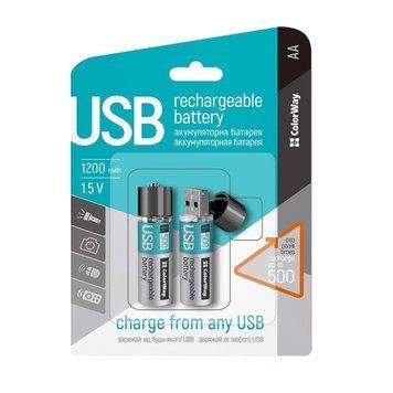 Акумулятор USB ColorWay AA/HR06 Li-Pol 1200 mAh BL 2шт CW-UBAA-02 фото