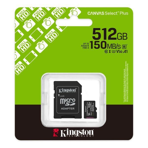 Карта пам`яті MicroSDXC 512GB UHS-I Class 10 Kingston Canvas Select Plus R150MB/s + SD-адаптер (SDCS3/512GB) SDCS3/512GB фото