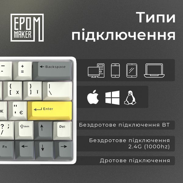 Клавіатура бездротова Epomaker EP64 60% Mulan Switch Hot-Swap (2.4G/BT/USB) RGB UA White (EP64-W-M) EP64-W-M фото
