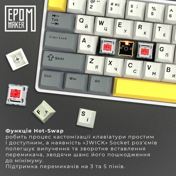 Клавіатура бездротова Epomaker EP64 60% Mulan Switch Hot-Swap (2.4G/BT/USB) RGB UA White (EP64-W-M) EP64-W-M фото