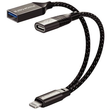 Адаптер Promate Link-i Lightning - USB + USB Type-C (M/F), 0.16 м, Black (otglink-i.black) otglink-i.black фото