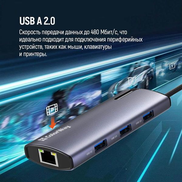 Док-станція СolorWay USB-C 6-в-1 Type C PD 100W/USB3.0х3/USB2.0/RJ45 (CW-HUB03) CW-HUB03 фото