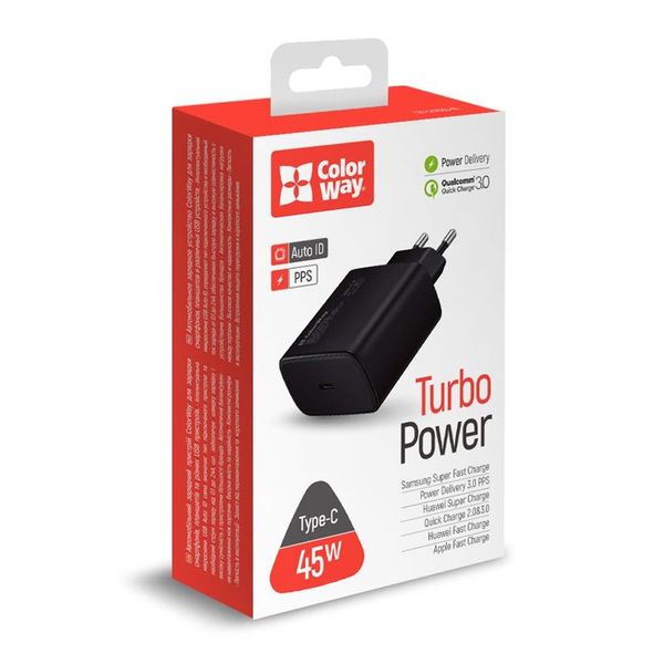 Мережевий зарядний пристрій ColorWay Power Delivery Port PPS (1USB-Cx3A) (45W) Black (CW-CHS034PD-BK) CW-CHS034PD-BK фото