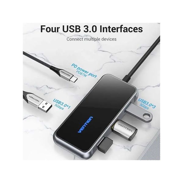 Концентратор Vention 5 в 1 Type-C-USB-PD 4USB 3.0 87W 4K 30Hz 0.15m Black (TFDHB) TFDHB фото